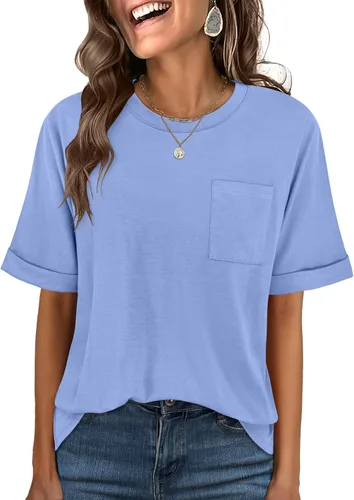 Vista 23 de ANRABESS - Camiseta de manga corta para mujer, estilo oversized, casual, suelta, básica, para verano, con bolsillo Caqui