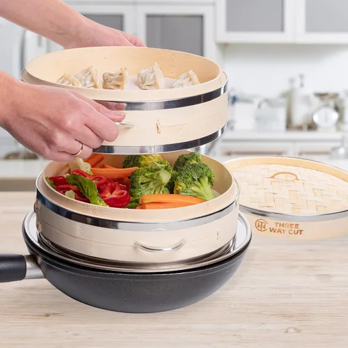 Vista 4 de Dumpling - Vaporera de Bambú de 10 Pulgadas, Canasta de Madera de 2 Niveles con Mango, Adaptador de Anillo, Forro de Silicona Reutilizable, Kit