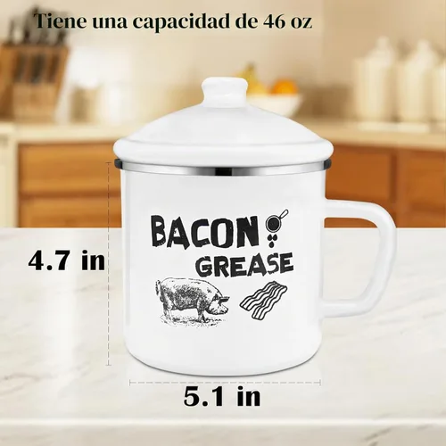 Vista 3 de Recipiente de grasa de tocino de 1.5 L con colador, recipiente grande de 46 onzas de esmalte rústico con tapa y cuchara, protector de grasa