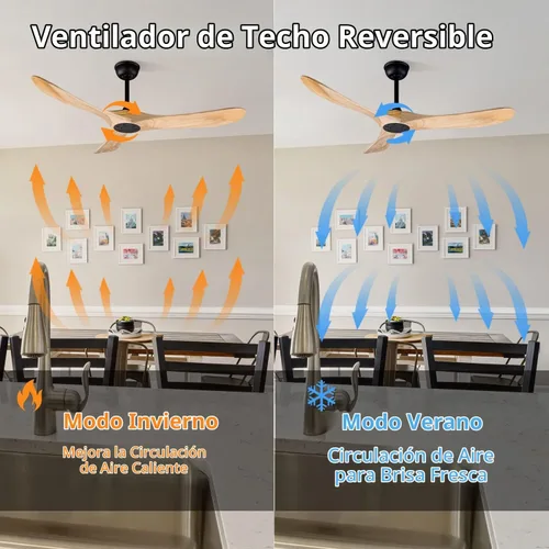 Vista 2 de Ventilador de techo de madera para interiores y exteriores de 52 pulgadas, ventilador de techo CC de 3 aspas con control remoto, 2 varillas Madera