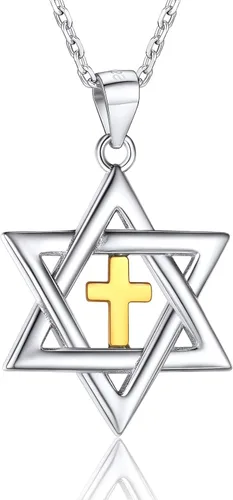 Vista 14 de U7 - Collar con Estrella de David para hombres y mujeres, dije hexagonal de acero inoxidable con cruz/piedra de rubí/collares clásicos judíos
