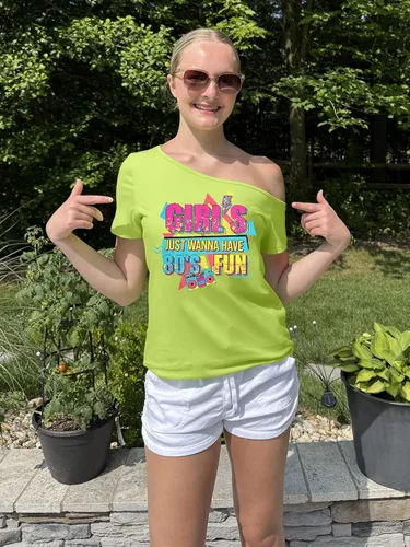 Vista 3 de Traje de los años 90 y 80 para mujer, camiseta de discoteca de fiesta temática de los años 80, tops con hombros descubiertos, parte superior vintage