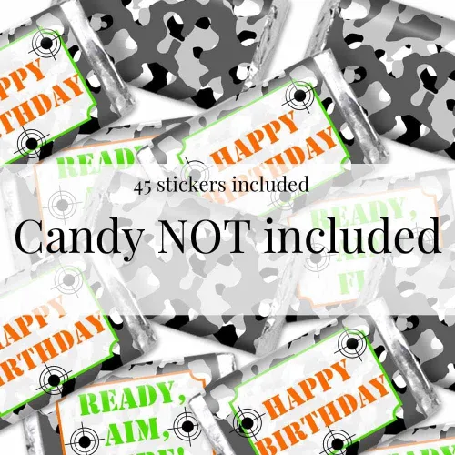 Vista 2 de AmandaCreation - Etiqueta láser de camuflaje para fiesta de cumpleaños en miniatura de chocolate para niños, 45 etiquetas envolventes de tamaño 1.4