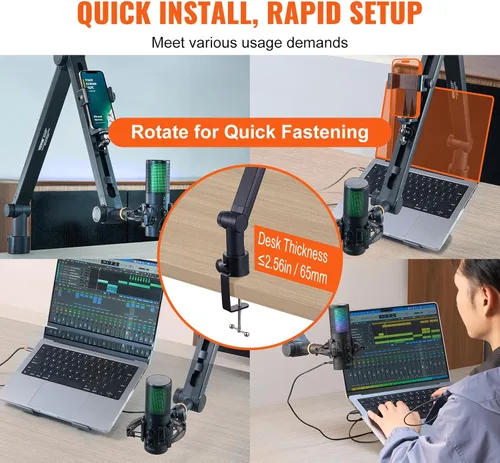 Vista 6 de VEVOR Brazo de brazo de micrófono, con abrazadera de montaje de escritorio, soporte de micrófono ajustable con gestión de cables, giratorio de 360°