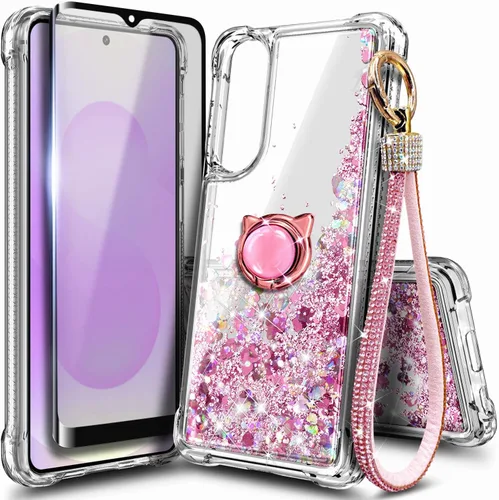 Vista 12 de Funda compatible con Samsung Galaxy S24-FE Aqua/Purple Funda líquida flotante con purpurina linda con protector de pantalla de vidrio templado