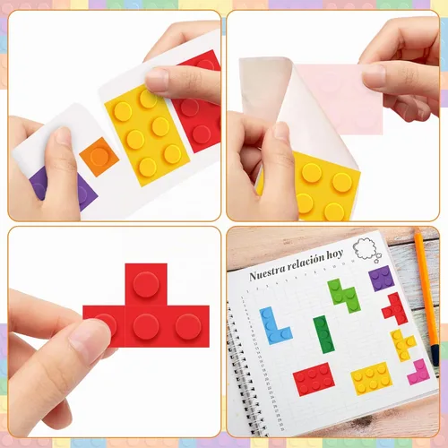 Vista 5 de 1000 calcomanías de bloque para niños, 2 rollos de papel de ladrillos surtidos autoadhesivas, calcomanías autoadhesivas para despegar y pegar