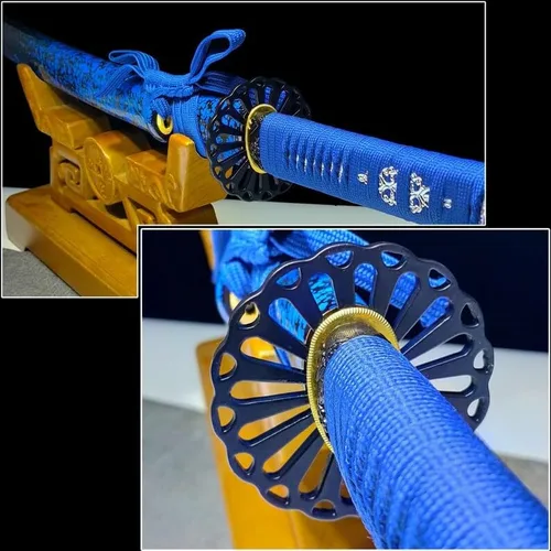 Vista 7 de Colección artesanal, espada katana hecha a mano, hoja y funda azules, azul horneado de acero 1095, espada samurai japonesa, espiga completa