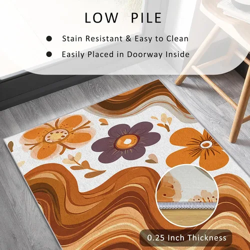 Vista 4 de Alfombra de pasillo de 2 x 4 pulgadas, tamaño pequeño, diseño floral retro de los años 70, antideslizante, lavable, alfombra de decoración del hogar