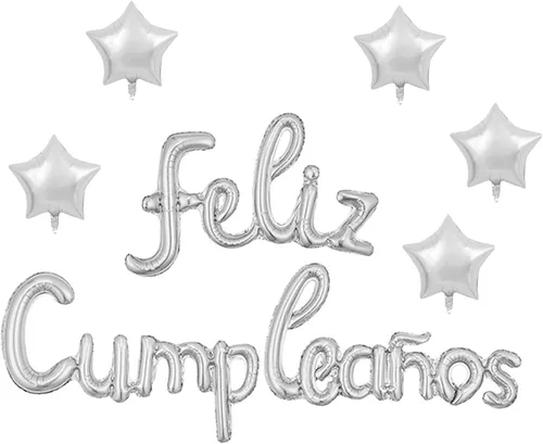 Vista 6 de Cartel de globos de Feliz Cumpleanos con 5 globos de estrella temática de fiesta