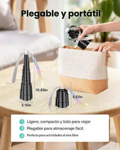 Vista 5 de Ventiladores de mosca para mesas, ventilador de mesa recargable con luz LED, giratorio de mosca con cuchillas holográficas suaves para picnic