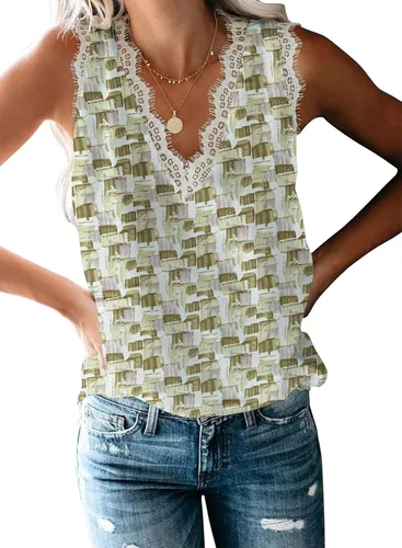 Vista 253 de VIISHOW - Camiseta sin mangas, sexy, con cuello en V y bordes de encaje para mujer, camisola de vestir, camisas de gasa, sin mangas, casuales