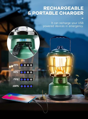 Vista 4 de Linterna LED para campamento, linterna recargable vintage regulable de 2500 lúmenes, resistente al agua, luces de emergencia portátiles