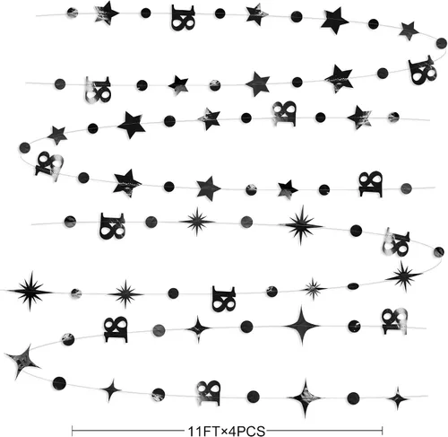 Vista 2 de Decoración de cumpleaños número 18 en negro, número 18 con punto circular, guirnalda de estrellas centelleantes, banderines de serpentina metálica