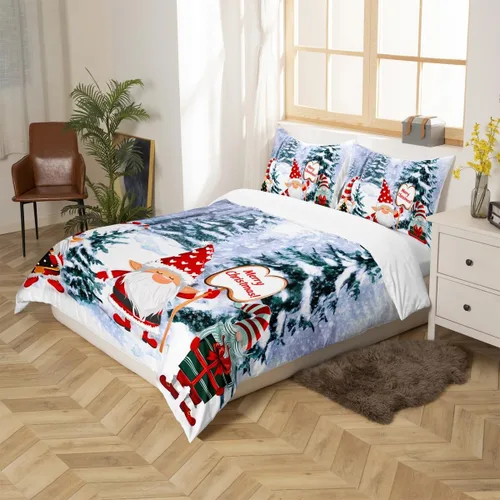 Vista 5 de Manfei Juego de funda de edredón de gnomos lindos tamaño matrimonial, funda de edredón con 2 fundas de almohada, juego de ropa de cama temática