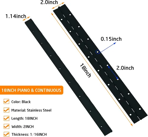Vista 2 de Bisagra de Piano de Acero Inoxidable Negra de 2 Piezas de 2" x 18", 0.060" / 1/16" de Grosor, Bisagra de Piano de Trabajo Pesado con Agujeros Negro