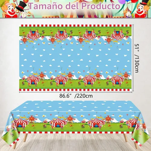 Vista 2 de Paquete de 4 manteles con temática de circo, 51 x 87 pulgadas, mantel rectangular desechable de plástico para carnaval, mantel a rayas rojas