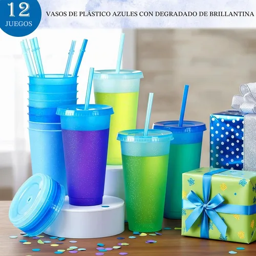 Vista 4 de Skylety - 12 vasos de plástico con purpurina azul con tapas y pajillas, 24