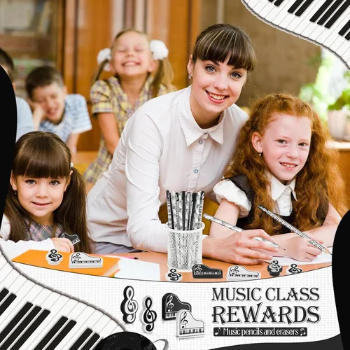 Vista 4 de 24 piezas Lápices de música con notas musicales y borradores Teclado de piano de madera Borradores para recitales de piano Regalos musicales A favor