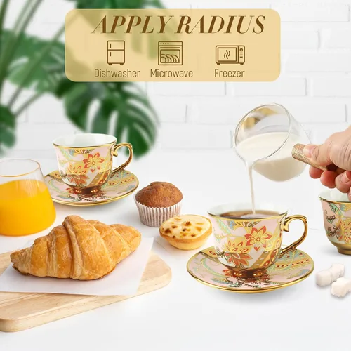 Vista 5 de Juego de 6 tazas de té y platillos, juego de té floral vintage de porcelana para expreso, café, moca, capuchino, fiesta de té de la tarde