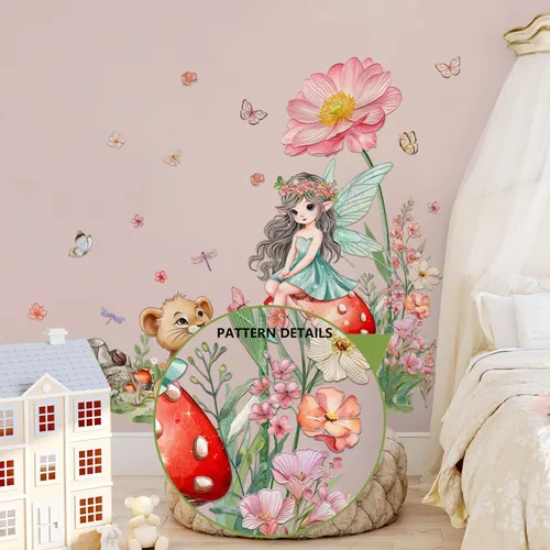 Vista 5 de 2 hojas de calcomanías de pared de hadas para dormitorio de niñas, murales de pared de flores, vinilo para despegar y pegar, calcomanías de pared