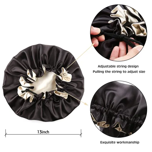 Vista 3 de Gorro de satén para mujer, gorro de dormir grande para cabello largo y rizado, gorra de noche ajustable (doble capa negro/champán)