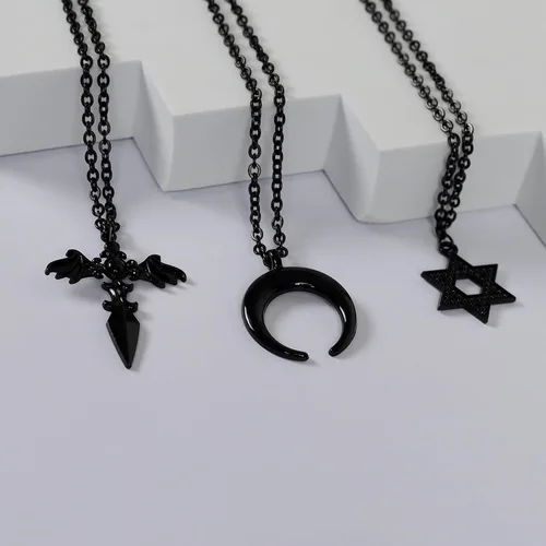 Vista 5 de Collar de estrella negra, collar gótico de luna Y2K, collar de corazón negro, collar de Halloween, collar de cadena de cable de acero inoxidable