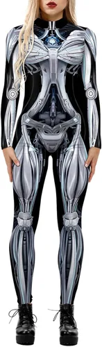 Vista 23 de Enterizo de mujer con estampado de esqueleto de robot mecánico 3D para Halloween, disfraz de cosplay