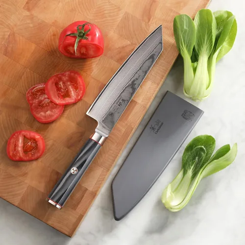 Vista 4 de Cangshan YARI Series X-7 Cuchillo Kiritsuke de acero Damasco de 7 pulgadas con funda