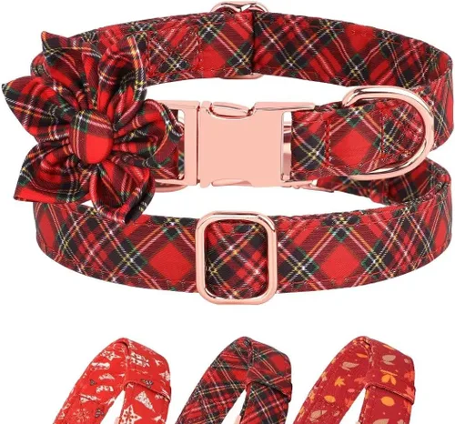 Vista 3 de Beirui Lindo collar de Navidad para perro hembra con flor, collares de perro con patrones navideños, collar rojo suave para mascotas ajustable