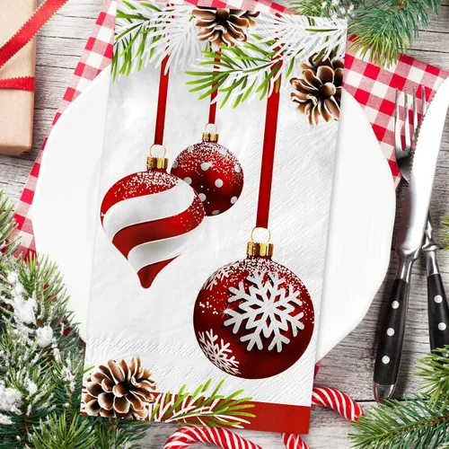 Vista 3 de AnyDesign Paquete de 100 servilletas de Navidad para invitados, bola colgante de Navidad, patrón de cono de pino, servilletas de papel desechables