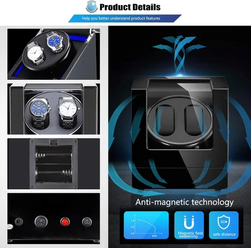 Vista 5 de NEWTRY Bobinadora automática de relojes dobles con motor silencioso de luz azul para relojes, adaptador de CA o funciona con pilas, para hombres