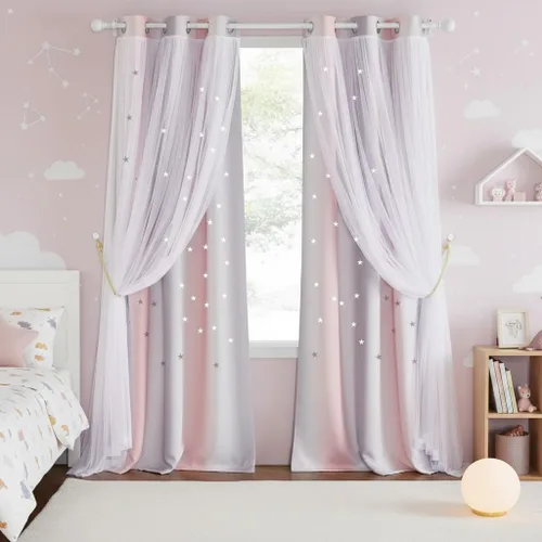Vista 31 de NICETOWN Cortinas para Dormitorio de Niñas Infantiles con Estrellas Caladas Ventana 2 Capas Cortina 63 Pulgadas de Longitud Oscurecimiento