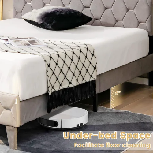 Vista 7 de KOMFOTT Base de cama matrimonial tapizada con cabecera de almacenamiento, base de cama de plataforma con estantes abiertos y espacio