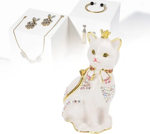 Vista 6 de Joyero con bisagras para gatos, diamantes de imitación brillantes, detalles finos pintados a mano, decoración de gato, caja de baratijas