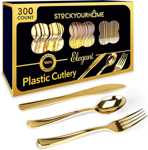 Vista 16 de Juego de cubiertos de plástico resistente (dorado) de 75 piezas, juego de cubiertos desechables, ideal para fiestas, bodas y catering, cubiertos