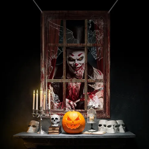 Vista 6 de Newwiee - 2 cortinas de Halloween aterradoras con silueta para ventana, decoración, póster temático para interiores y exteriores, fiestas, paredes