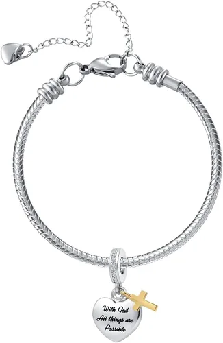 Vista 2 de Dijes religiosos de cruz de corazón de Navidad compatibles con pulsera Pandora y collar para mujeres con Dios, todo es posible, Cristal, Base