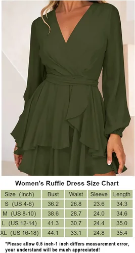 Vista 6 de Ferlema - Vestido sexy con cuello en V y manga larga con volantes y envolvente con lazo en la cintura, estilo casual, acampanado