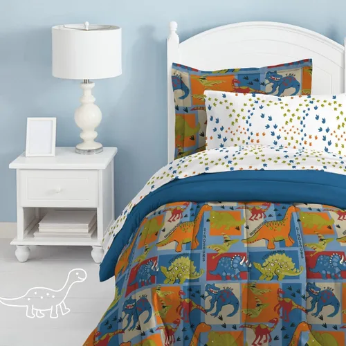 Vista 4 de Dream Factory Dinosaur Blocks - Juego de edredón de microfibra ultrasuave para niños, color azul, tamaño individual Bloques de dinosaurios azules