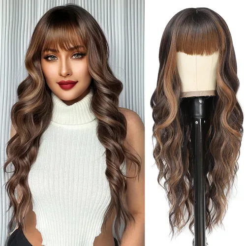 Vista 12 de NAYOO Peluca larga ondulada rubia ombré para mujer, de 26 pulgadas, parte media, rizada, ondulada, de aspecto natural, fibra sintética resistente al