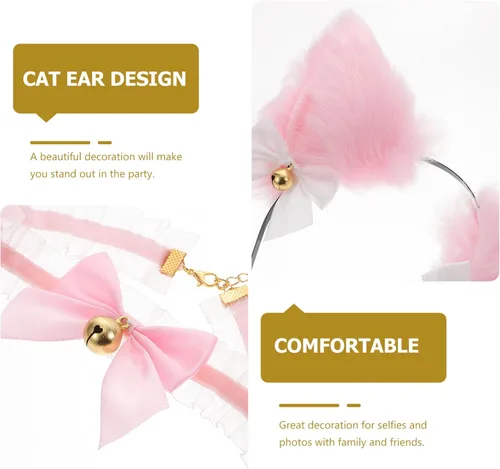 Vista 7 de SOIMISS 1 juego de diadema de orejas de gato de felpa con pajarita y cuello de encaje, accesorios de orejas peludas para fiestas de cosplay