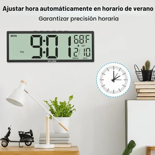 Vista 5 de Reloj de pared digital grande de 14.5 pulgadas, funciona con pilas con números gigantes, DST automático, día, fecha, alarma, temperatura para sala
