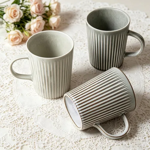 Vista 7 de Juego de 4 tazas de café, tazas de café grandes de cerámica a rayas de 16