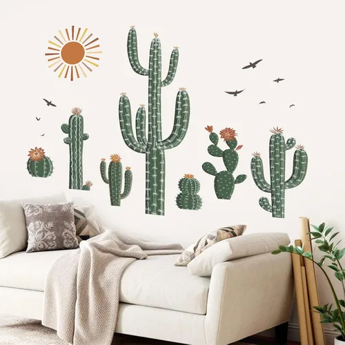 Vista 2 de wondever Calcomanías de pared de cactus bohemios, plantas verdes de cactus tropicales, calcomanías de arte de pared para sala de estar, dormitorio