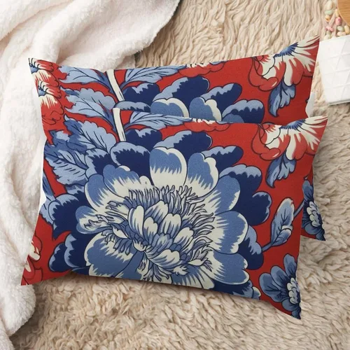 Vista 53 de Juego de 2 almohadas coloridas de estilo chinoiserie, color rosa intenso, azul real, peonía, floral, blanco, lino, estilo chinoiserie, para sofá