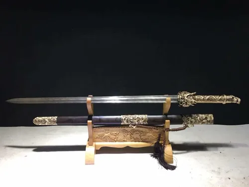 Vista 6 de Espadas chinas, Espada Rey Dragón Real, Hojas de acero de Damasco forjado, accesorios de latón, vaina de ébano, negro