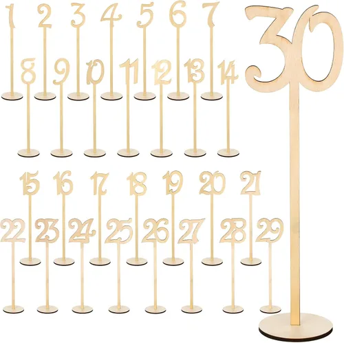 Vista 7 de 30 números de mesa de madera para bodas del 1 al 30 para soportes de recepción, números de mesa de asiento con base de soporte para bodas, fiestas