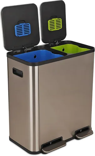 Vista 11 de Cubo de basura rectangular de 70 litros/18.5 galones con pedal, sin contacto manual, doble compartimento para reciclaje de cocina, con tapa Acero