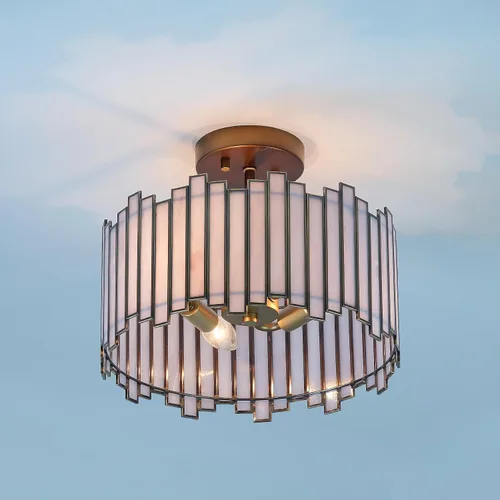 Vista 15 de Lámpara de techo de latón antiguo en forma de tambor, lámpara Tiffany semiempotrada de 12.5 pulgadas con vidrio verde Mable, iluminación colgante