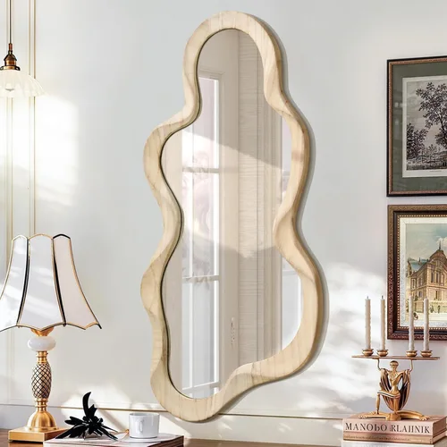 Vista 10 de Espejo asimétrico para decoración de pared, grande, moderno, ondulado, con marco de madera, espejo de pared con forma única montado en pared